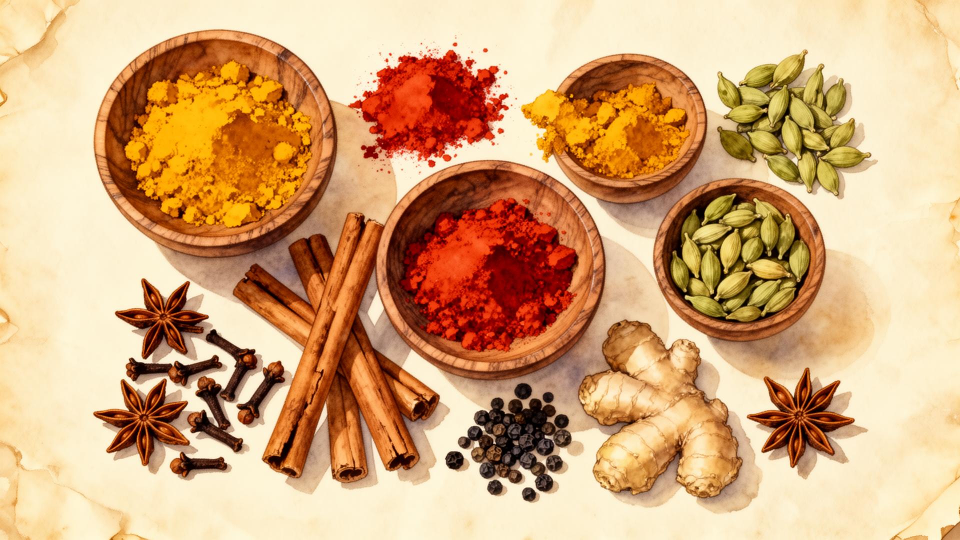Colorful spices in wooden bowls — turmeric, paprika, cinnamon, cardamom, cloves, ginger